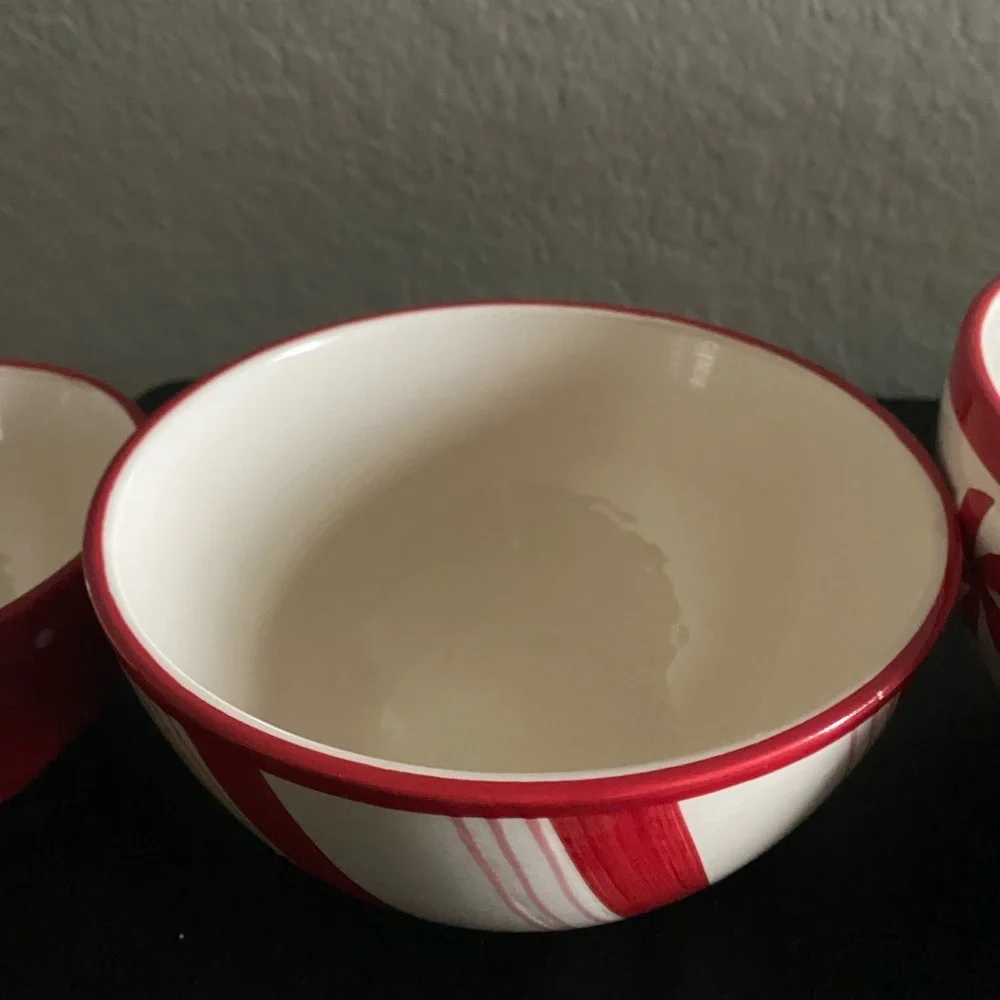 Christmas Peppermint Swirl Stripe Polka Dot Ceramic Red and White Nesting Bowls